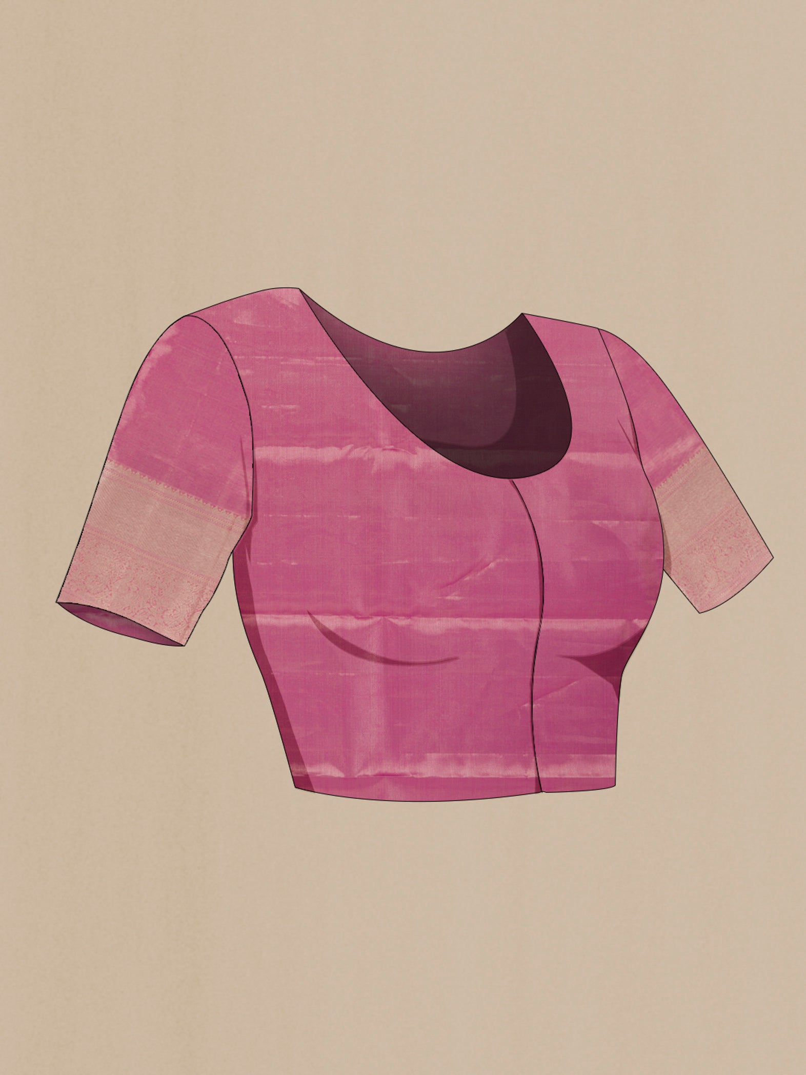 Close up image of the blouse of Pink Kanchipuram Silk Saree with Zari Brocade on the body and Zari Border. 
