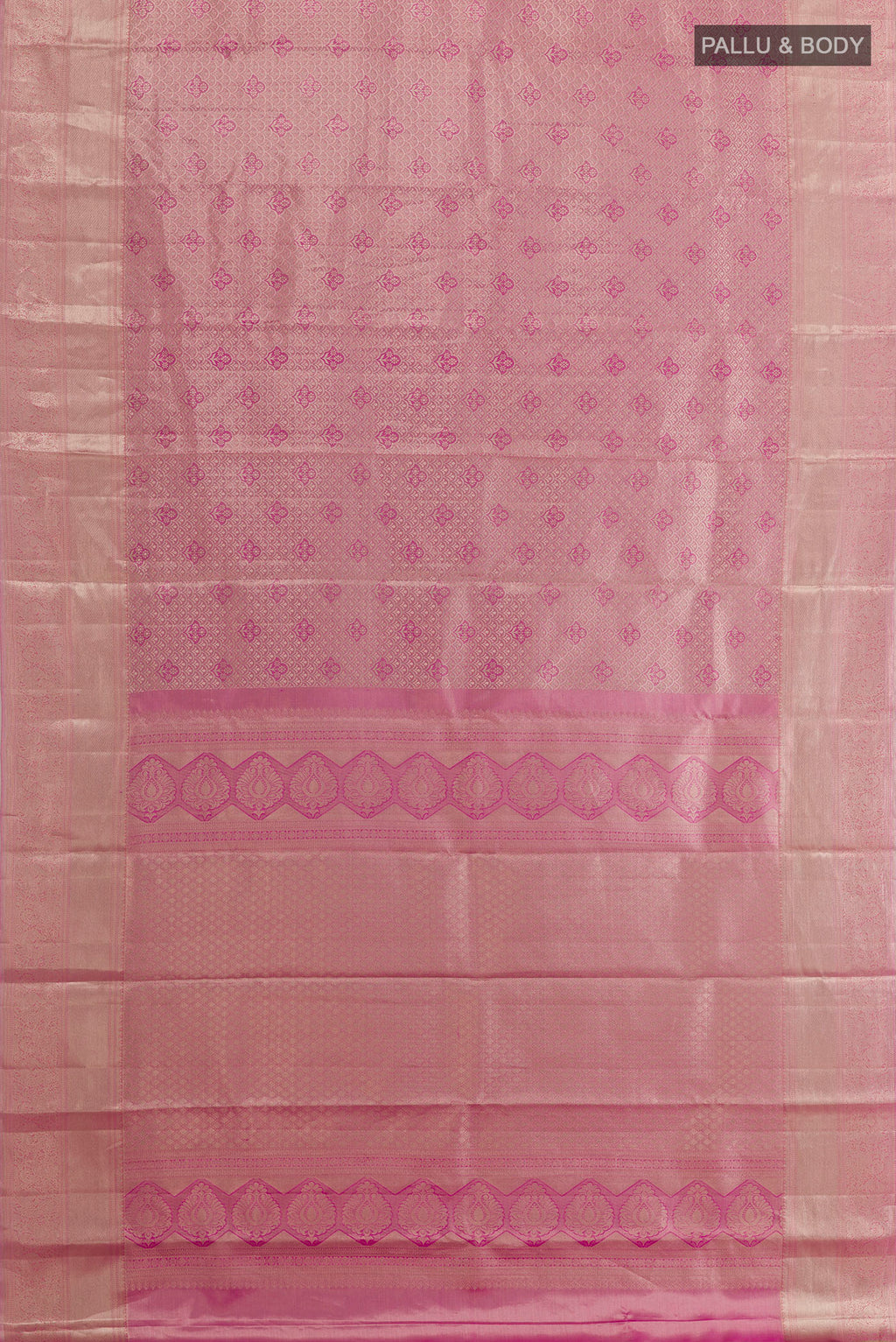 Flat view of Pink Kanchipuram Silk Saree with Zari Brocade on the body and Zari Border. 