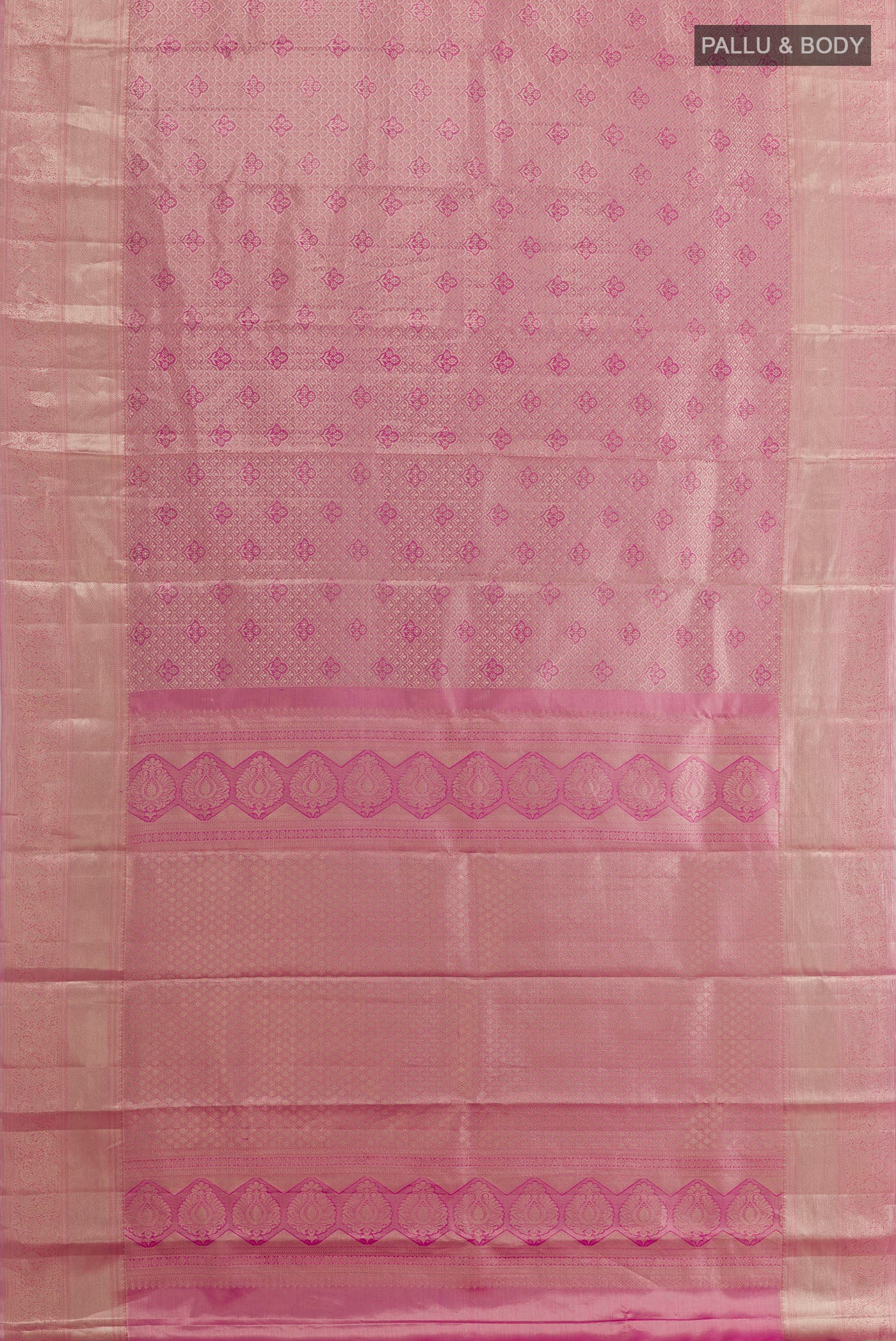 Flat view of Pink Kanchipuram Silk Saree with Zari Brocade on the body and Zari Border. 