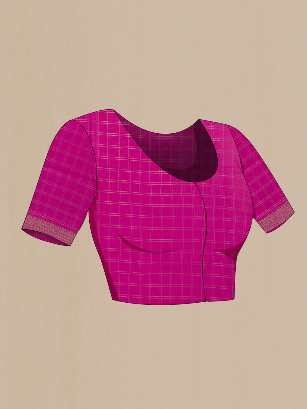 Close up image of the blouse of Pink Banarasi Raw Silk Saree with Zari Butta on the body and Zari Border. 