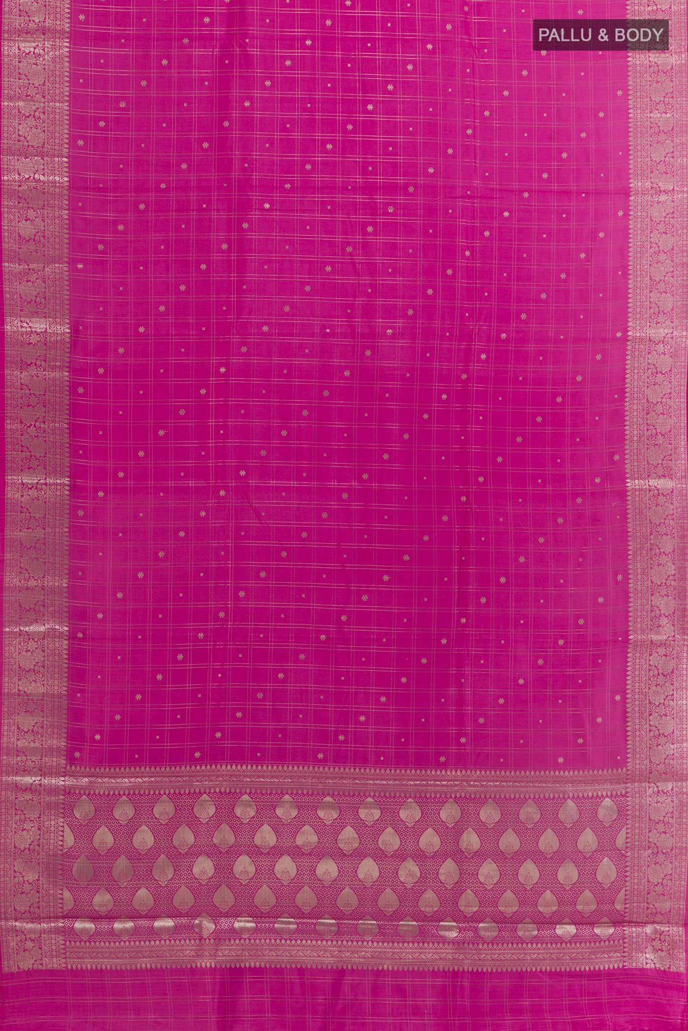 Flat view of Pink Banarasi Raw Silk Saree with Zari Butta on the body and Zari Border. 