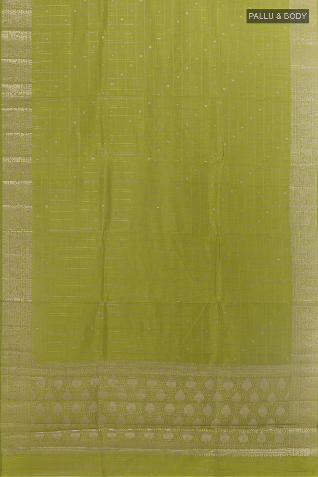 Flat view of Green Banarasi Raw Silk Saree with Zari Brocade on the body and Zari Border. 