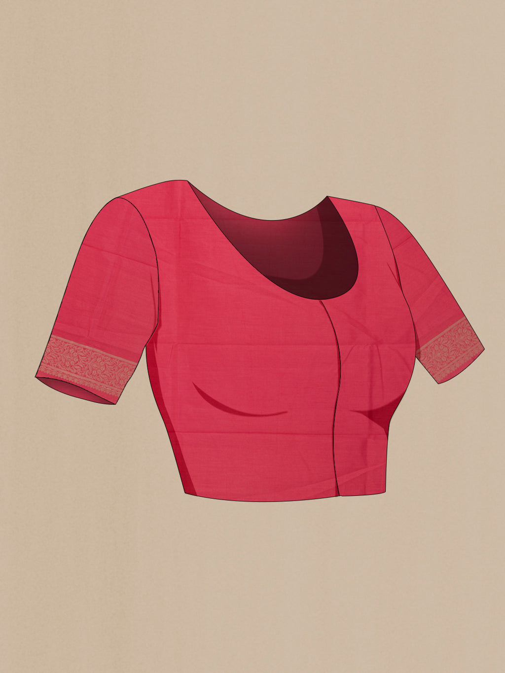 Close up image of the blouse of Pink Banarasi Raw Silk Saree with Zari Butta on the body and Zari Border. 