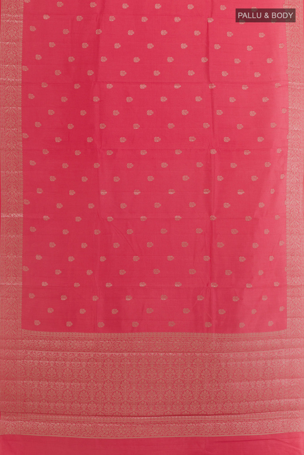 Flat view of Pink Banarasi Raw Silk Saree with Zari Butta on the body and Zari Border. 