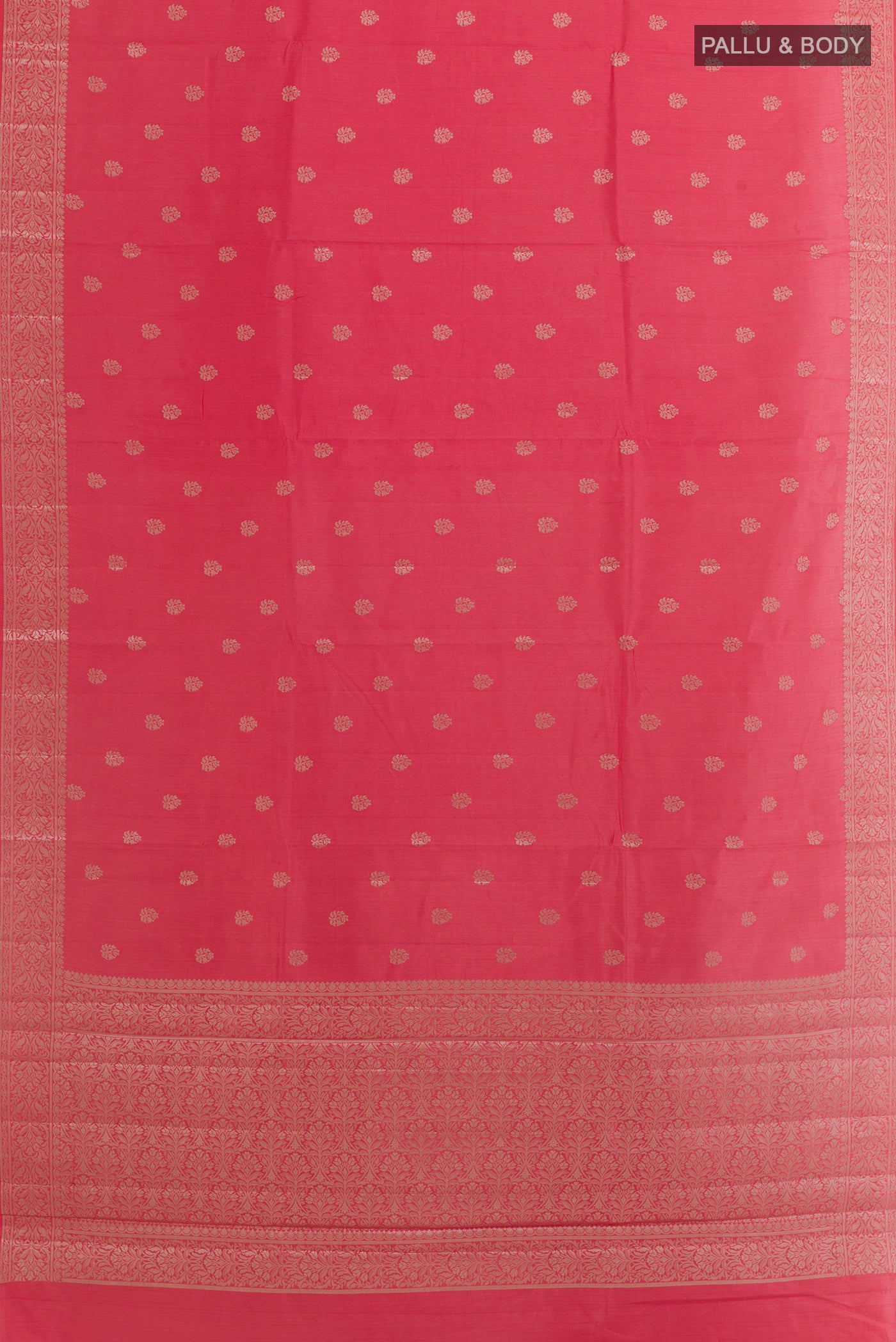 Flat view of Pink Banarasi Raw Silk Saree with Zari Butta on the body and Zari Border. 