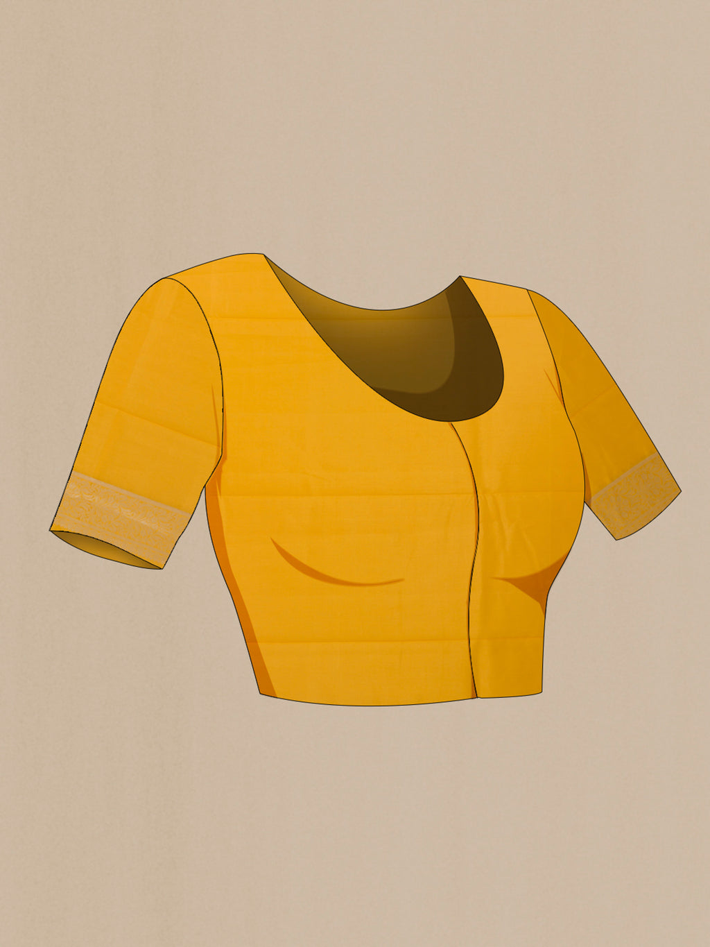 Close up image of the blouse of Yellow Banarasi Raw Silk Saree with Zari Butta on the body and Zari Border. 