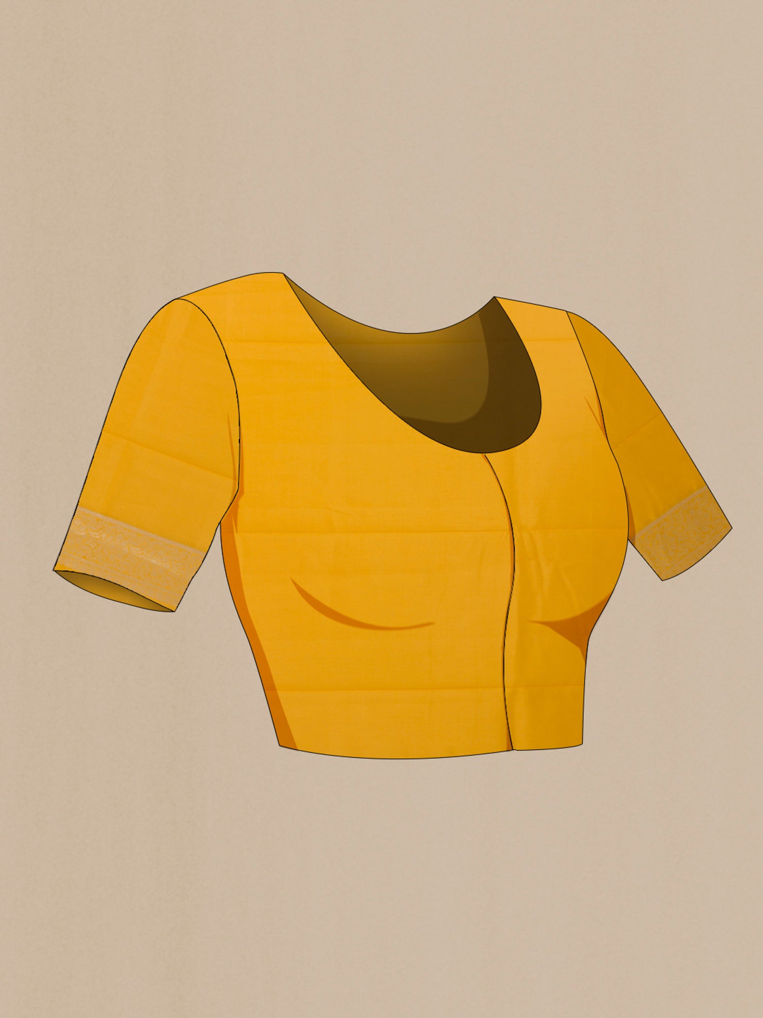 Close up image of the blouse of Yellow Banarasi Raw Silk Saree with Zari Butta on the body and Zari Border. 