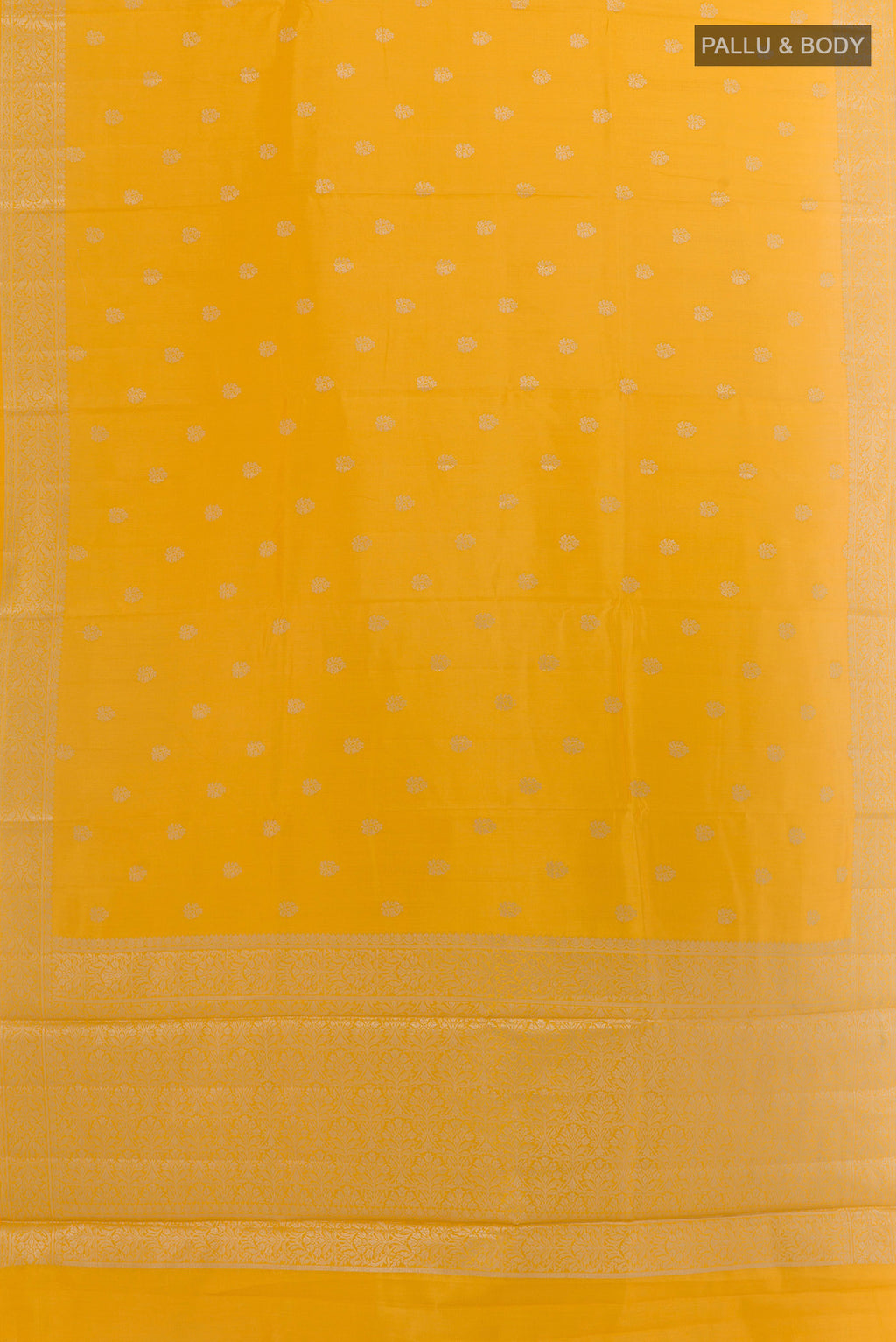 Flat view of Yellow Banarasi Raw Silk Saree with Zari Butta on the body and Zari Border. 