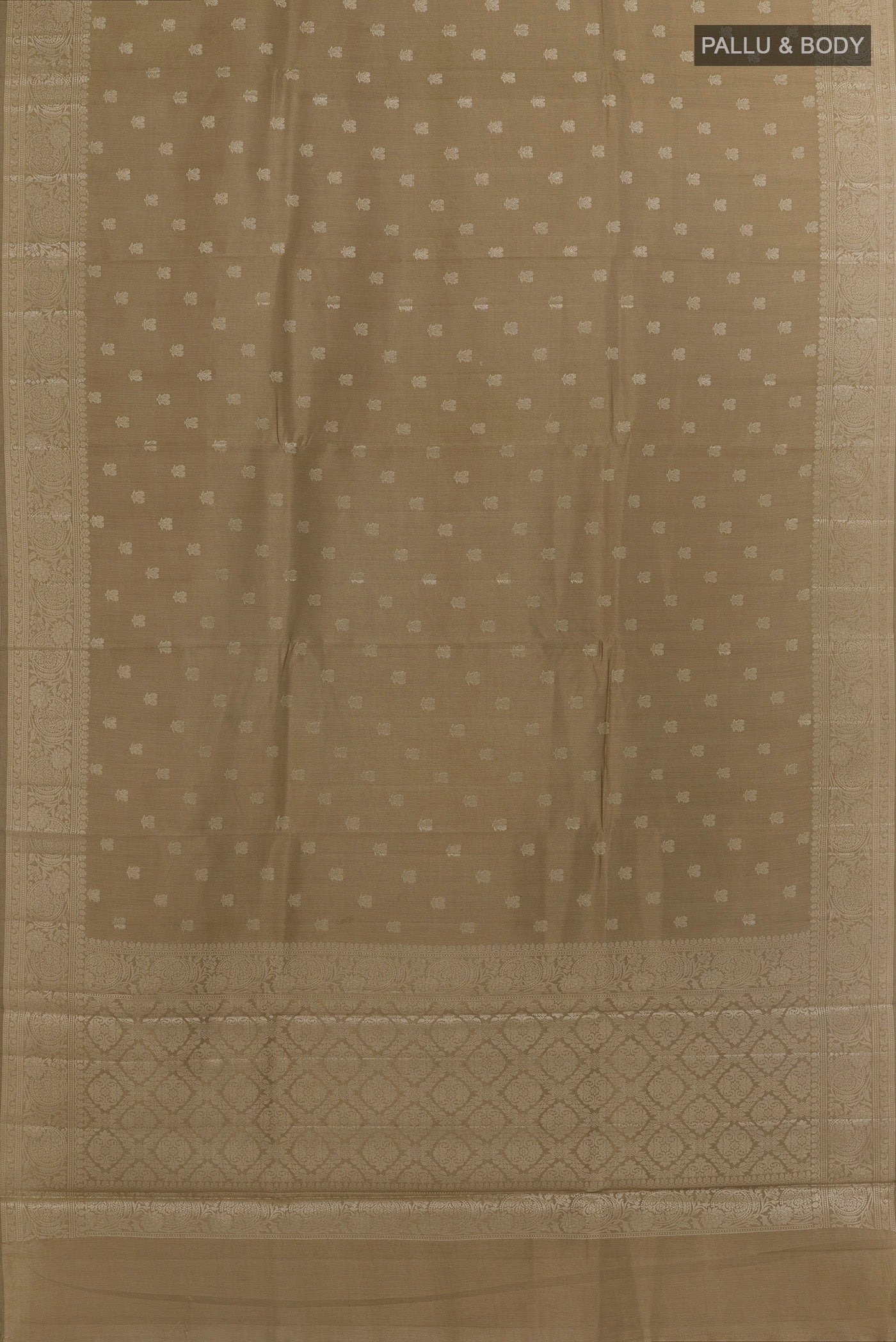 Flat view of Beige Banarasi Raw Silk Saree with Zari Butta on the body and Zari Border. 