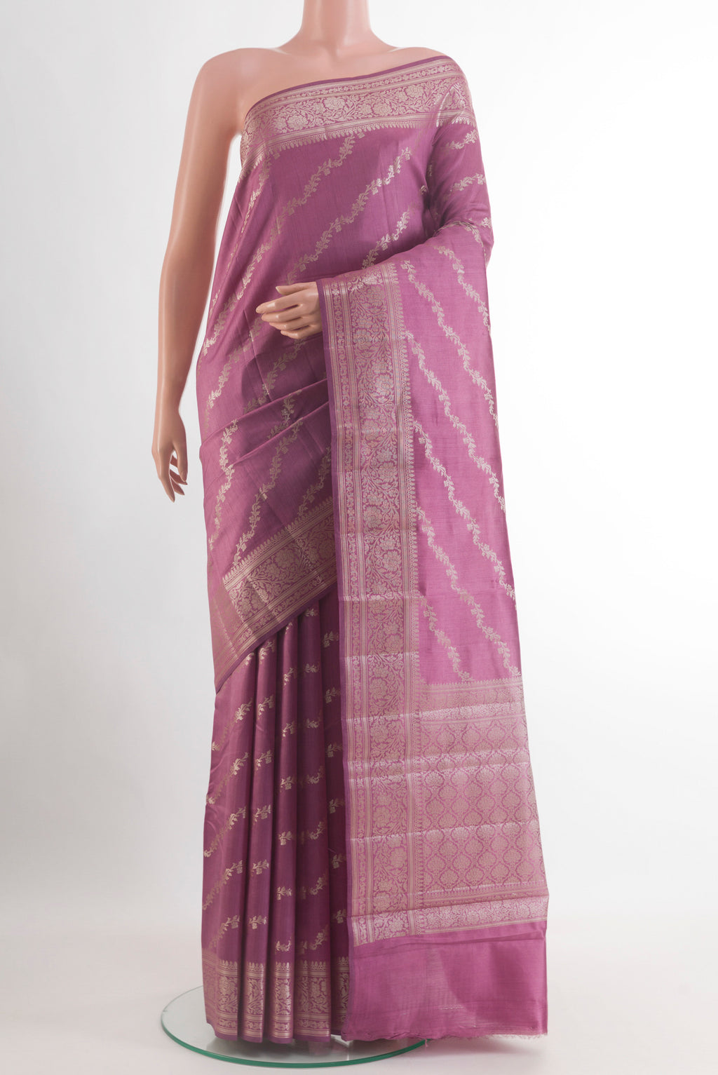 Lavender Banarasi Raw Silk Saree with Zari Brocade on the body and Zari Border.  displayed on a mannequin
