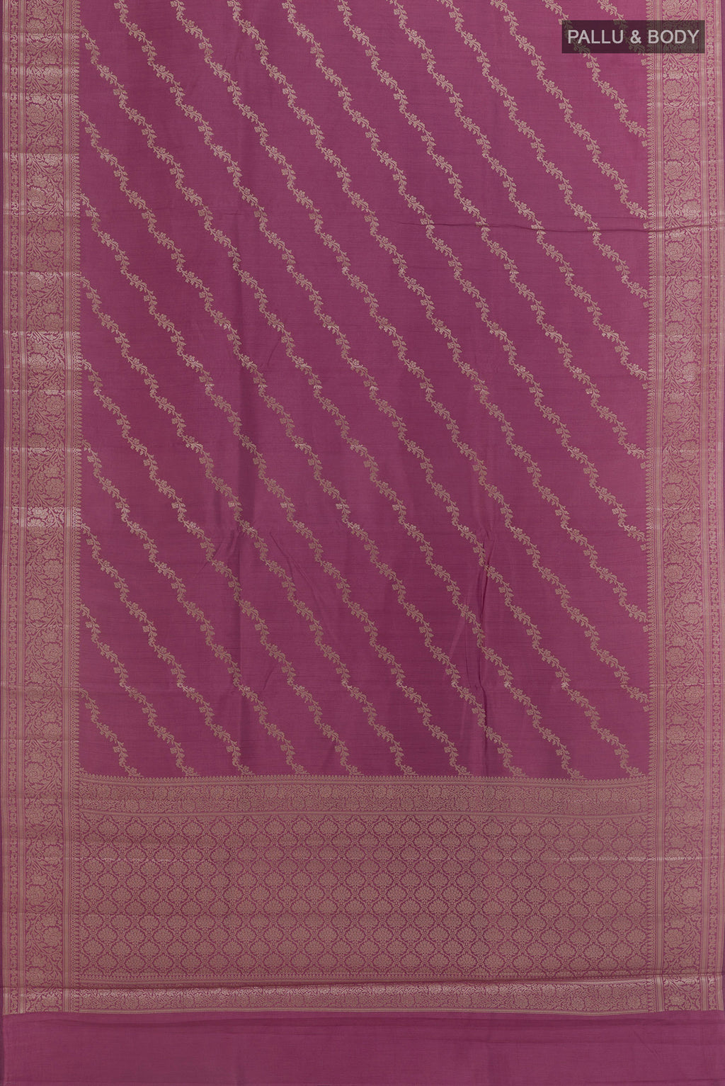 Flat view of Lavender Banarasi Raw Silk Saree with Zari Brocade on the body and Zari Border. 