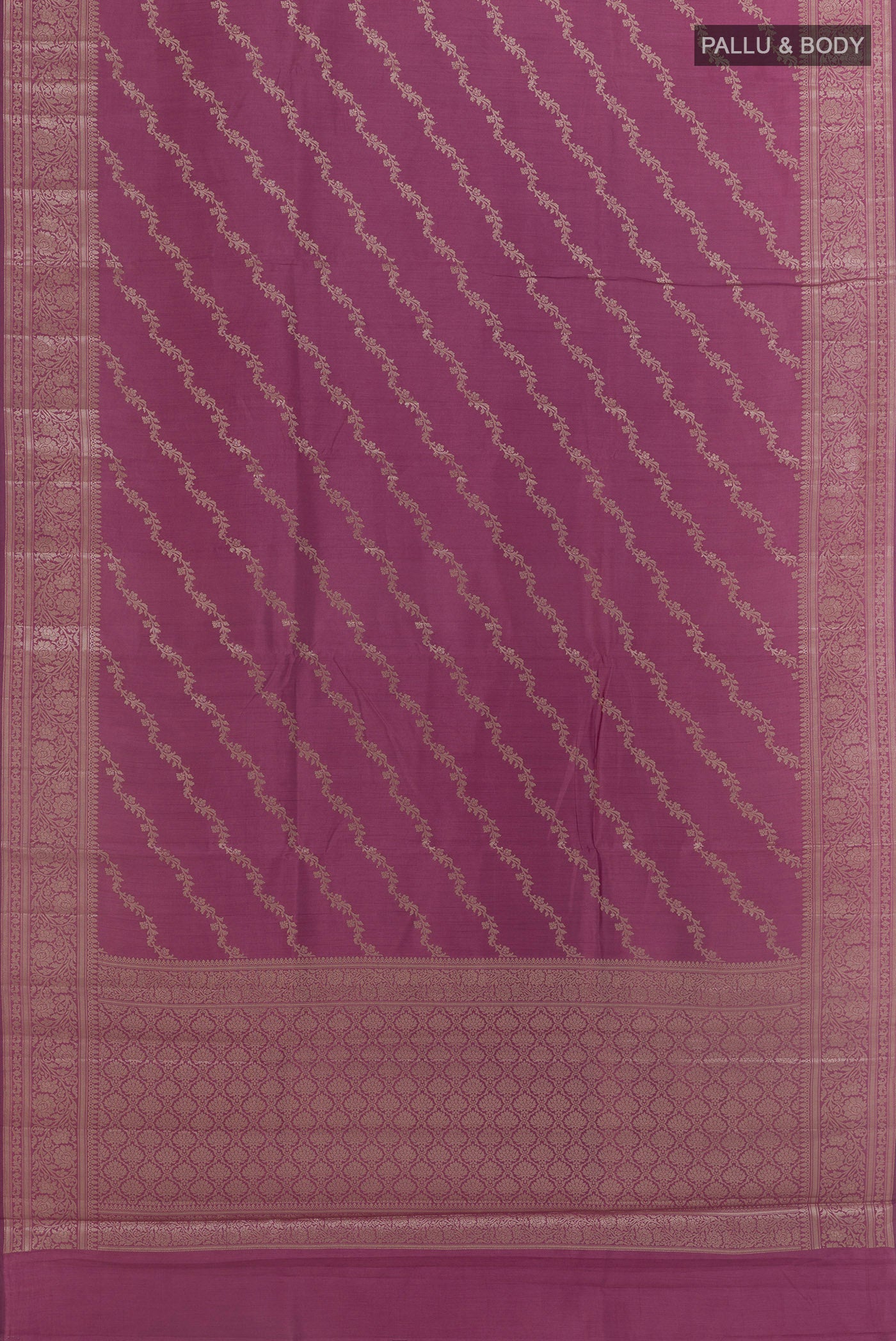 Flat view of Lavender Banarasi Raw Silk Saree with Zari Brocade on the body and Zari Border. 