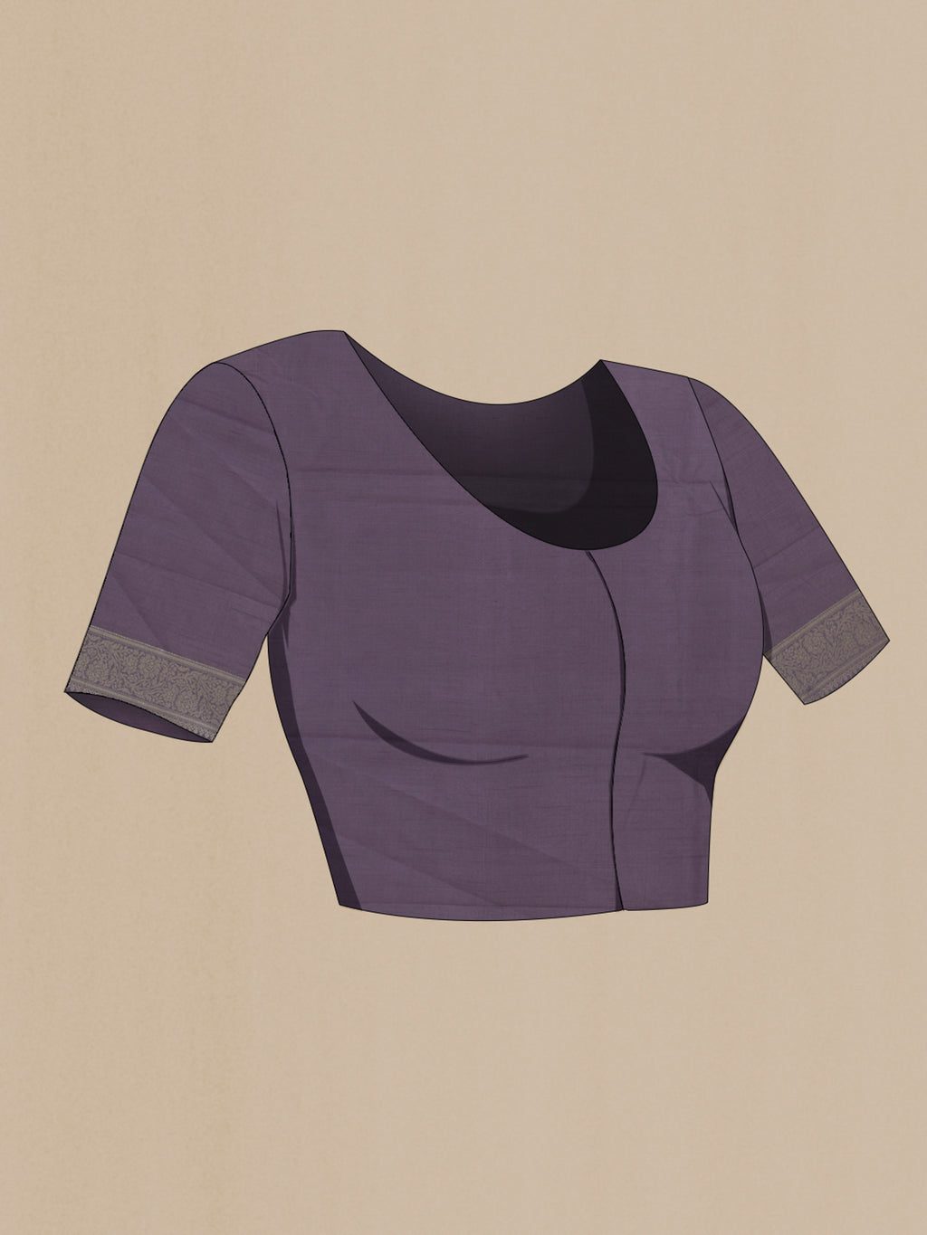 Close up image of the blouse of Lilac Banarasi Raw Silk Saree with Zari Brocade on the body and Zari Border. 