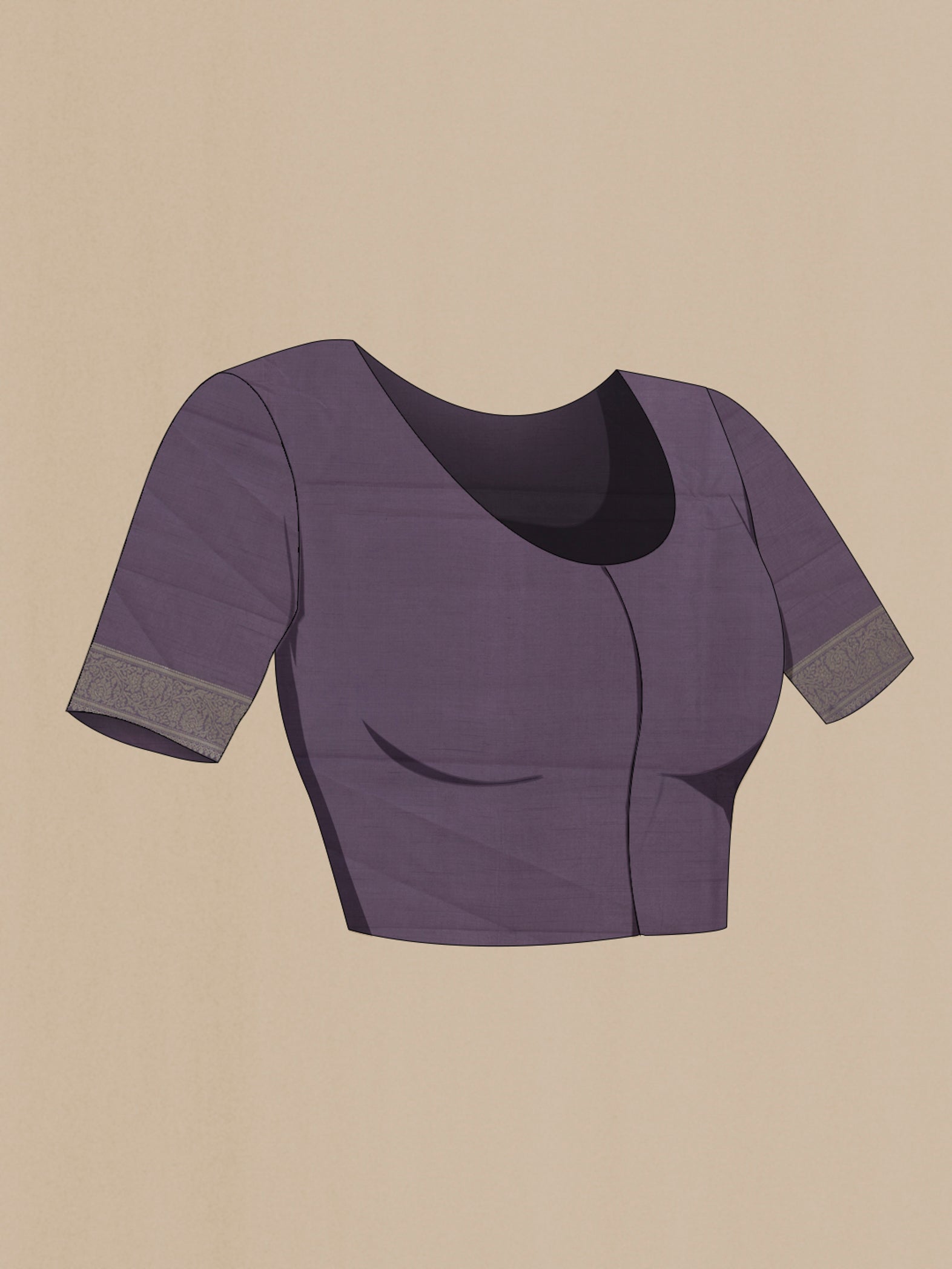 Close up image of the blouse of Lilac Banarasi Raw Silk Saree with Zari Brocade on the body and Zari Border. 