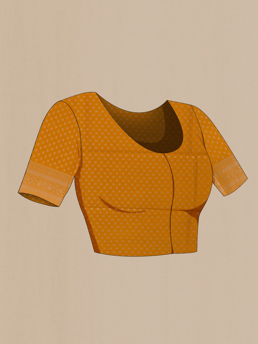 Close up image of the blouse of Mustard Banarasi Raw Silk Saree with Zari Butta on the body and Zari Border. 
