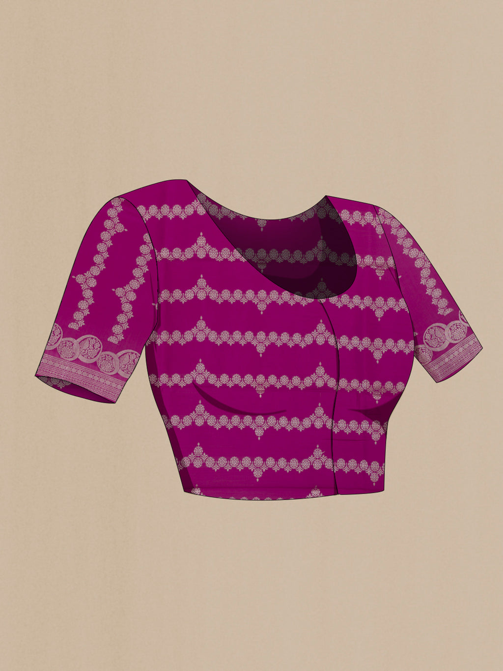 Close up image of the blouse of Purple Banarasi Raw Silk Saree with Zari Butta on the body and Zari Border. 
