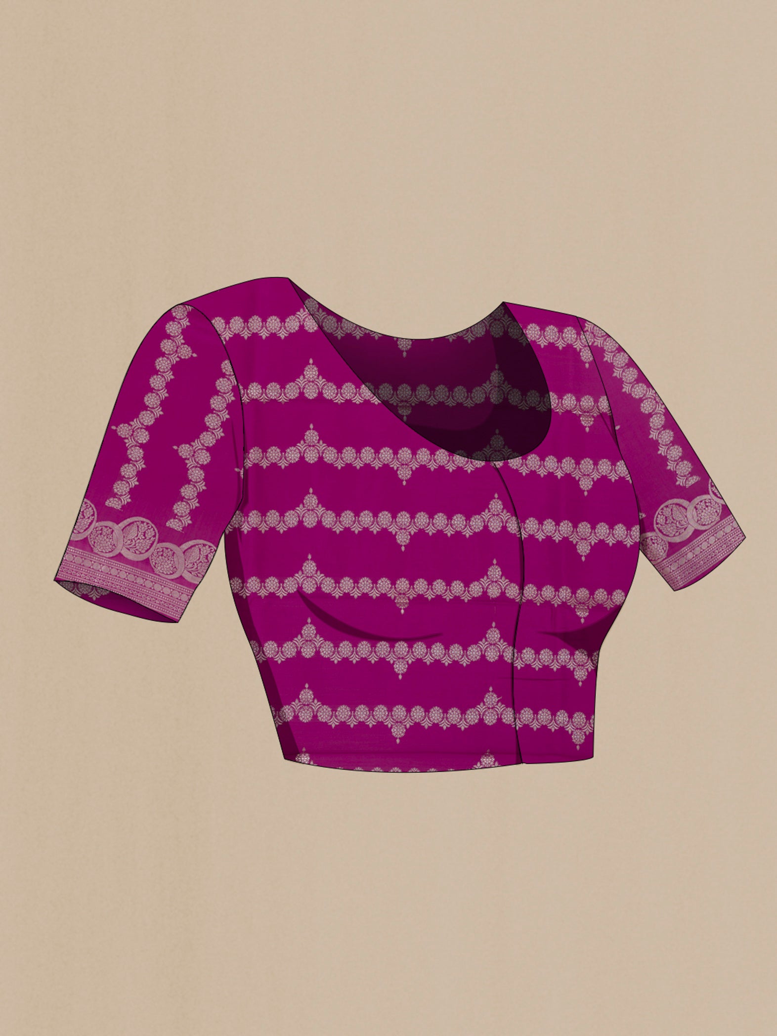 Close up image of the blouse of Purple Banarasi Raw Silk Saree with Zari Butta on the body and Zari Border. 