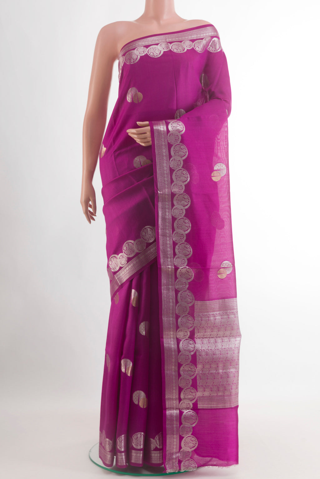 Purple Banarasi Raw Silk Saree with Zari Butta on the body and Zari Border.  displayed on a mannequin