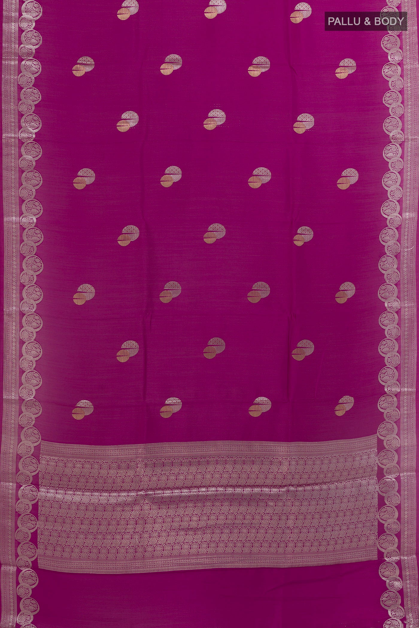 Flat view of Purple Banarasi Raw Silk Saree with Zari Butta on the body and Zari Border. 