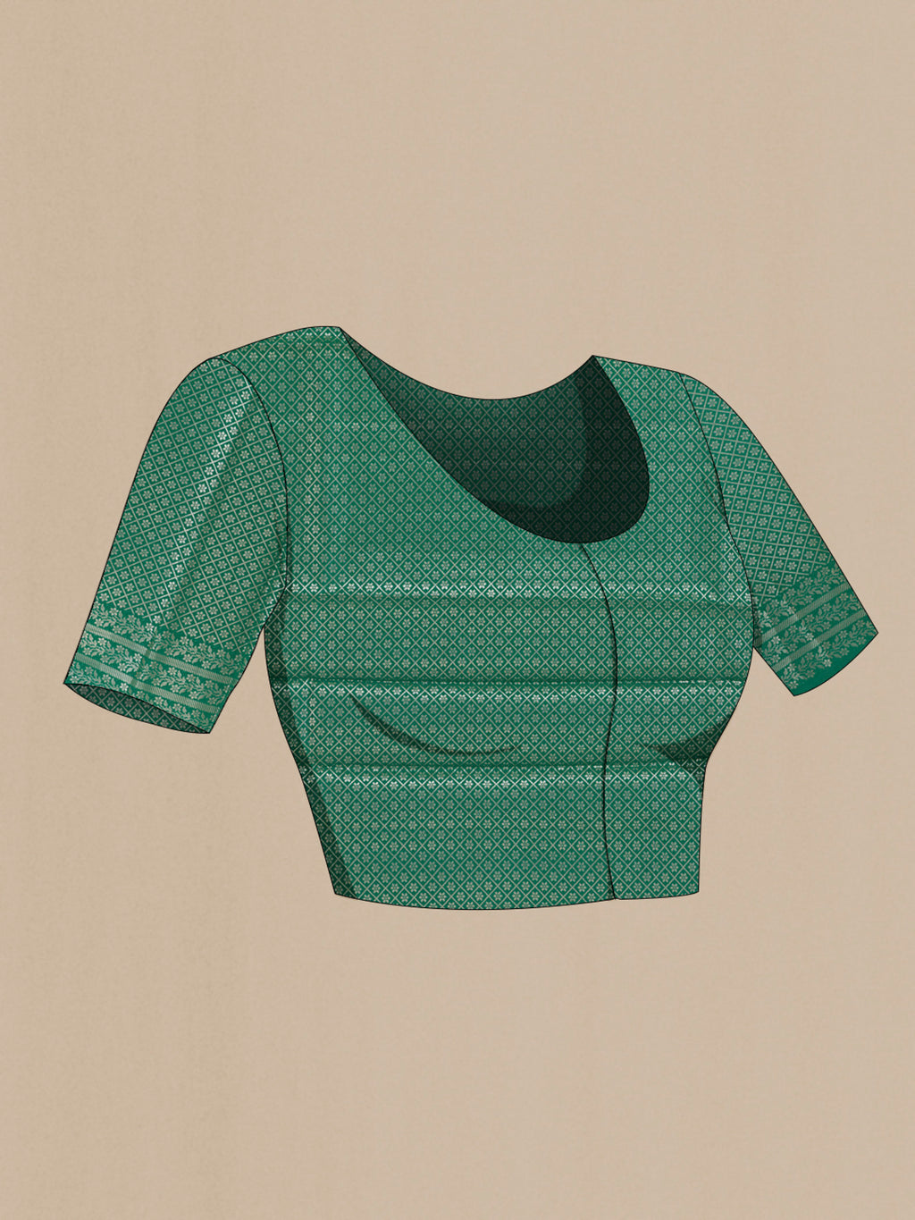Close up image of the blouse of Green Banarasi Silk Saree with Zari Butta on the body and Zari Border. 