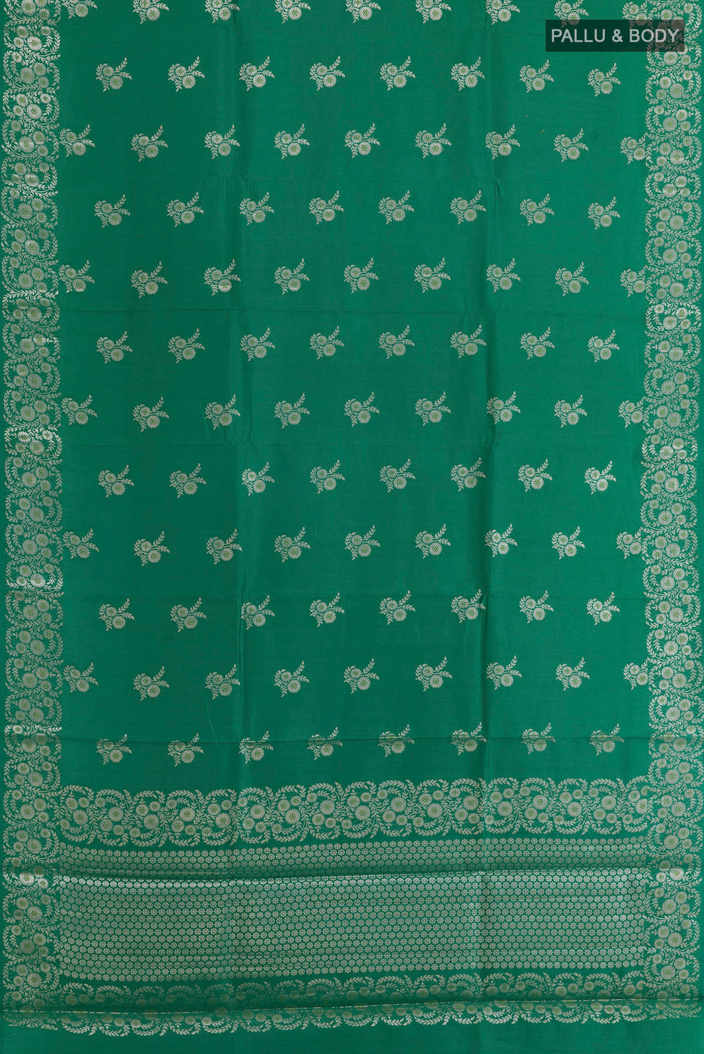 Flat view of Green Banarasi Silk Saree with Zari Butta on the body and Zari Border. 