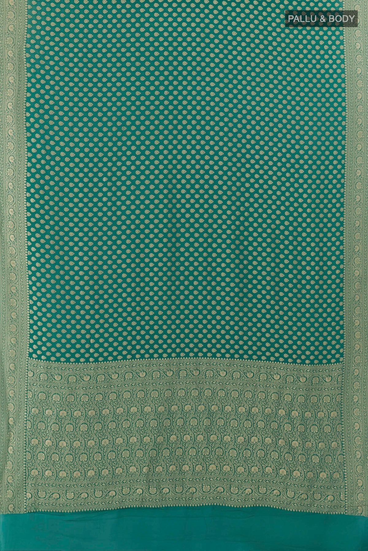 Flat view of Sea Green Banarasi Georgette Saree with Zari Butta on the body and Zari Border. 