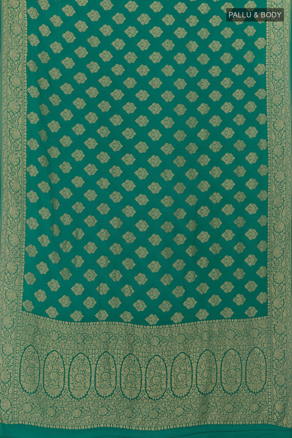 Flat view of Sea Green Banarasi Georgette Saree with Zari Brocade on the body and Zari Border. 