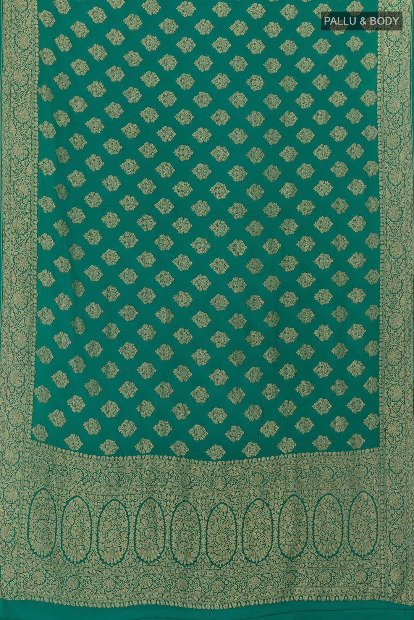 Flat view of Sea Green Banarasi Georgette Saree with Zari Brocade on the body and Zari Border. 