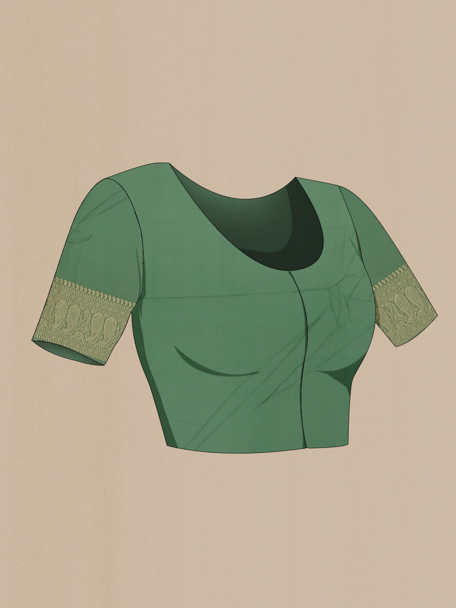 Close up image of the blouse of Sage Green Banarasi Georgette Saree with Zari Brocade on the body and Zari Border. 