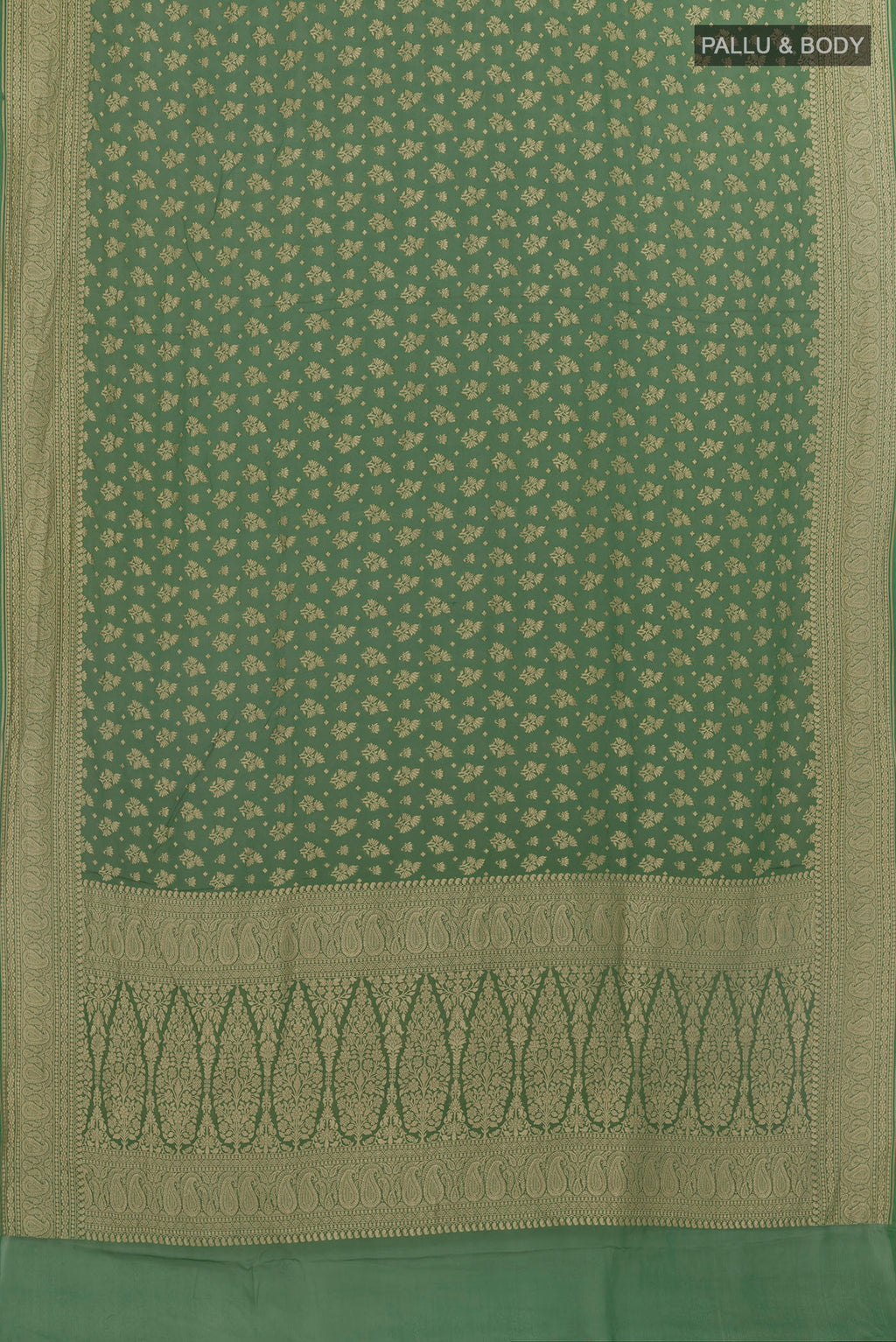 Flat view of Sage Green Banarasi Georgette Saree with Zari Brocade on the body and Zari Border. 