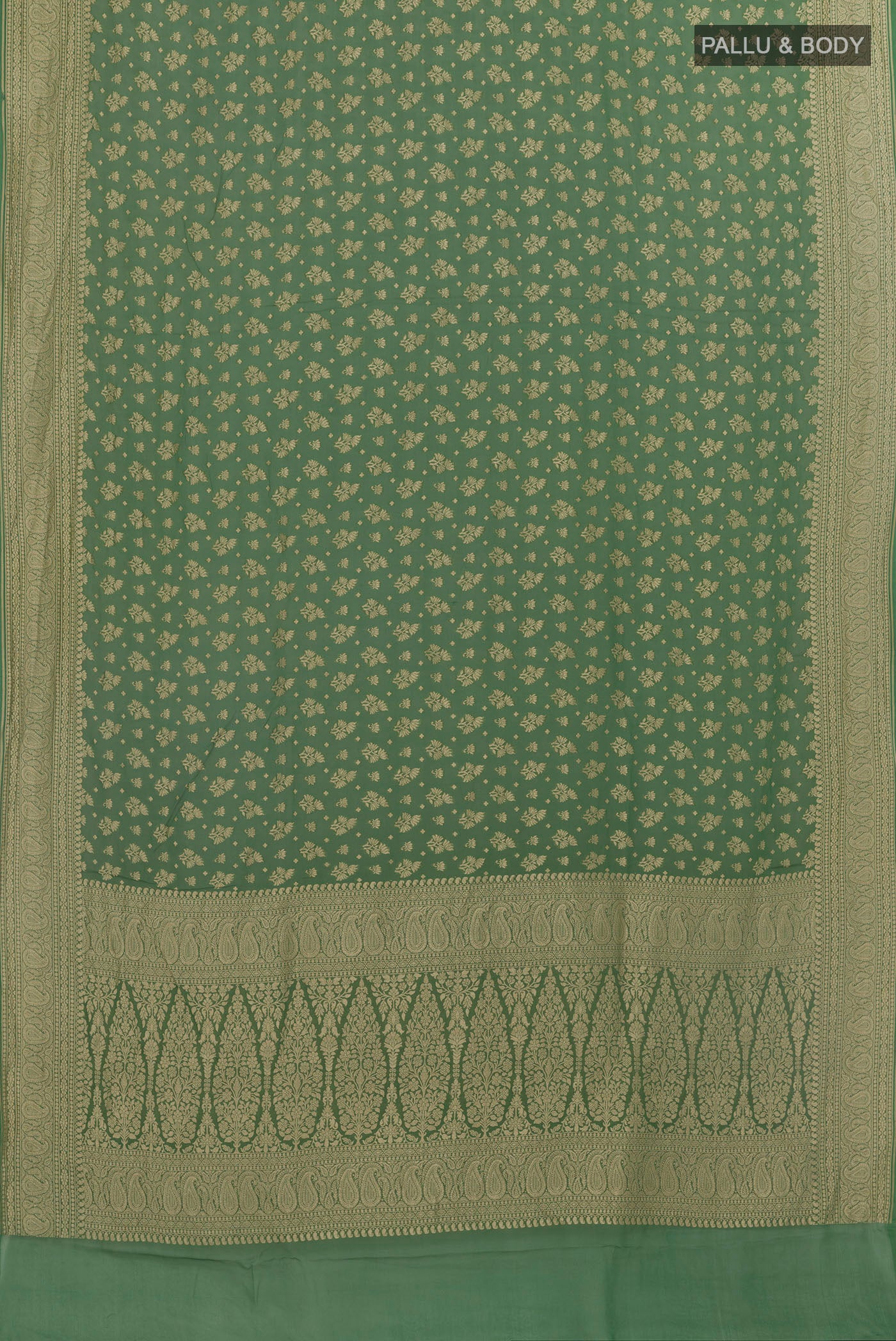 Flat view of Sage Green Banarasi Georgette Saree with Zari Brocade on the body and Zari Border. 