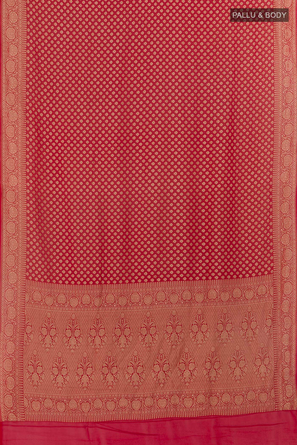 Flat view of Red Banarasi Georgette Saree with Zari Butta on the body and Zari Border. 