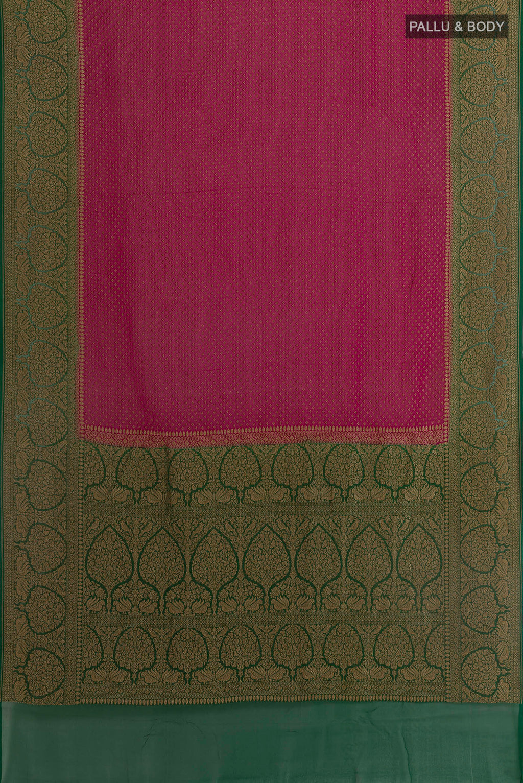 Flat view of Pink Banarasi Georgette Saree with Zari Butta on the body and Zari Border. 