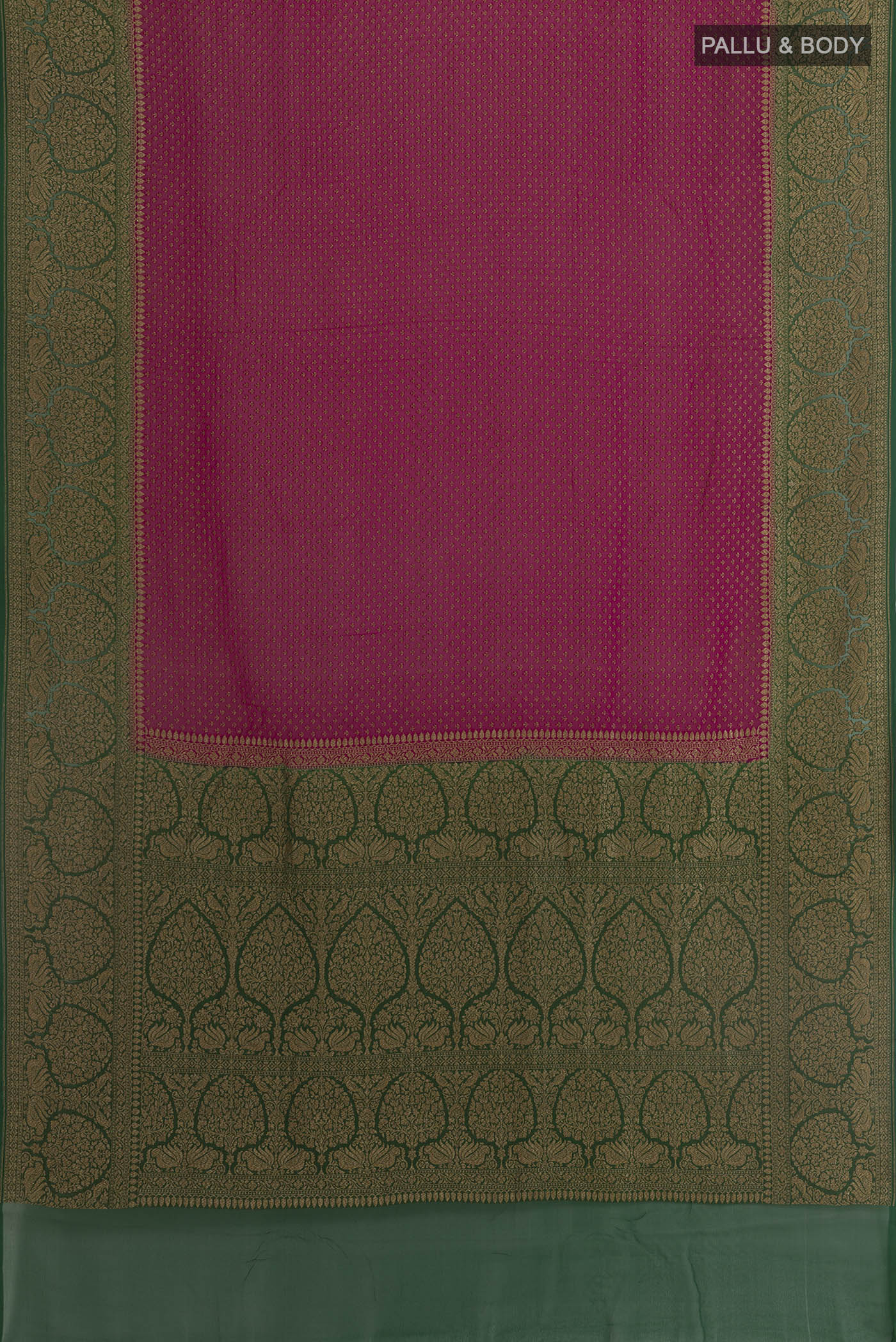 Flat view of Pink Banarasi Georgette Saree with Zari Butta on the body and Zari Border. 