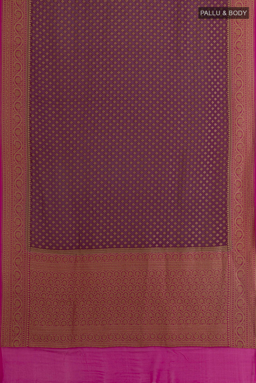 Flat view of Purple Banarasi Georgette Saree with Zari Butta on the body and Zari Border. 