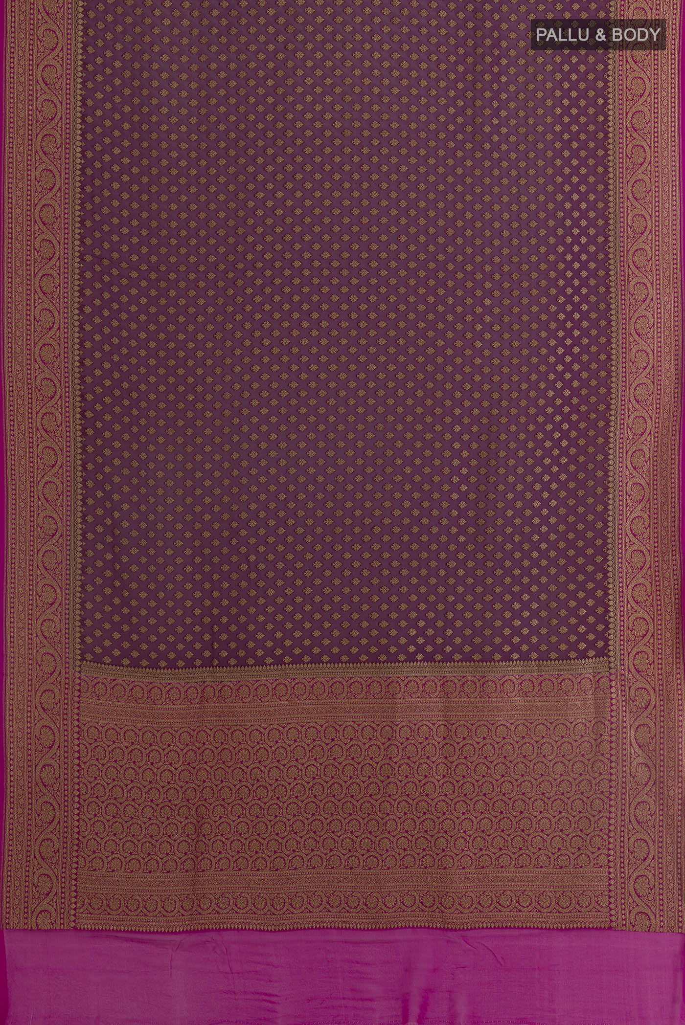 Flat view of Purple Banarasi Georgette Saree with Zari Butta on the body and Zari Border. 