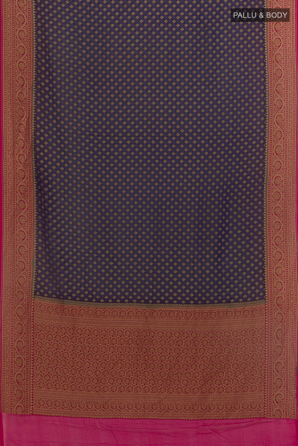 Flat view of Navy Blue Banarasi Georgette Saree with Zari Brocade on the body and Zari Border. 