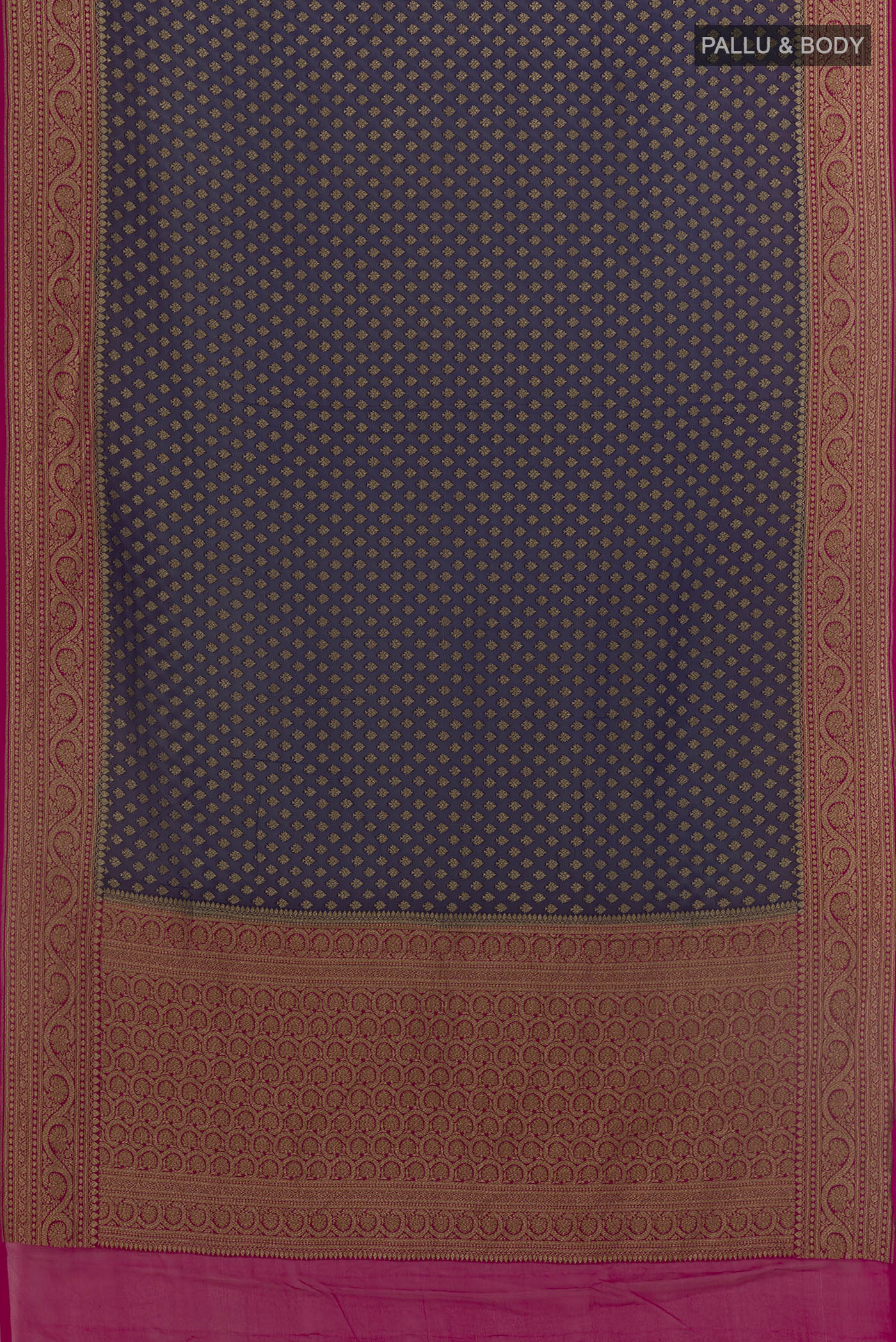 Flat view of Navy Blue Banarasi Georgette Saree with Zari Brocade on the body and Zari Border. 