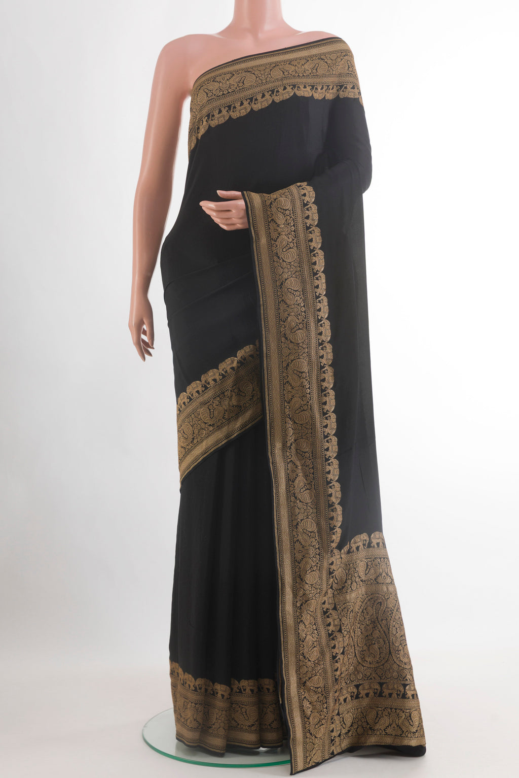 Black Banarasi Georgette Saree with Plain Body and Zari Border.  displayed on a mannequin