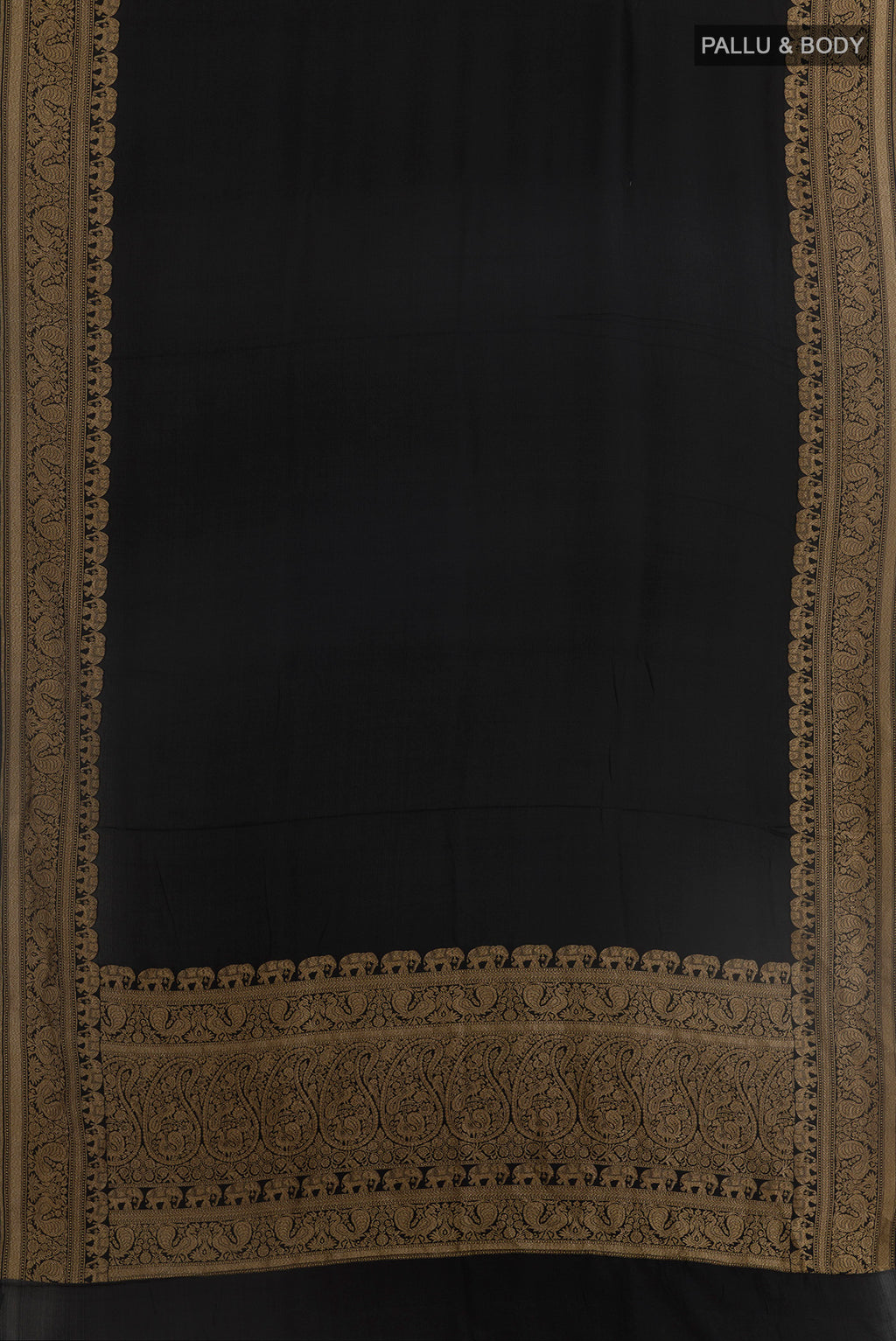 Flat view of Black Banarasi Georgette Saree with Plain Body and Zari Border. 