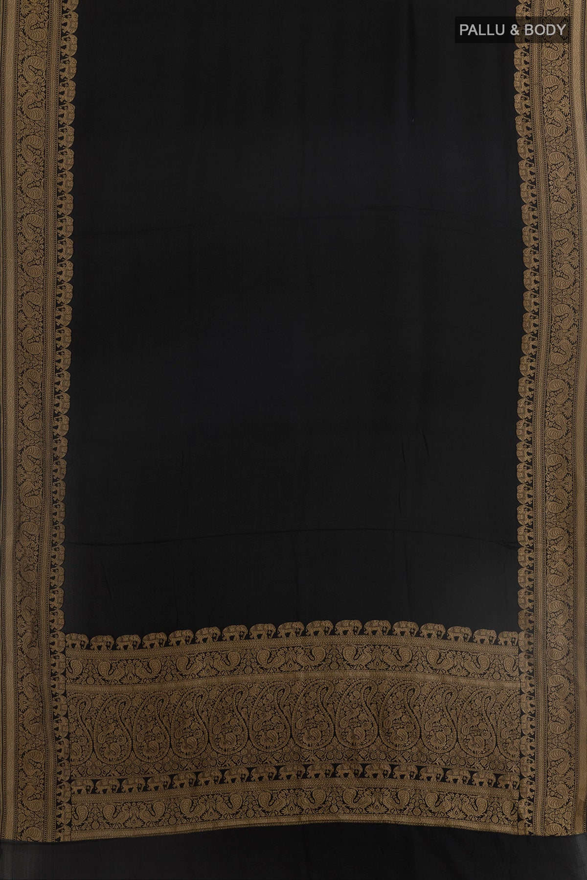 Flat view of Black Banarasi Georgette Saree with Plain Body and Zari Border. 