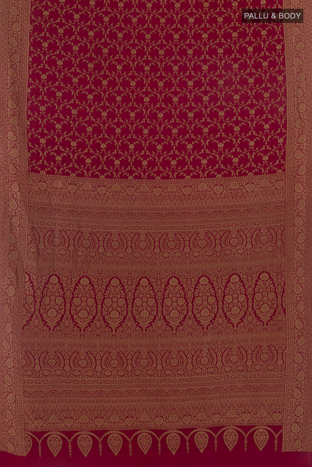 Flat view of Red Banarasi Georgette Saree with Zari Brocade on the body and Zari Border. 
