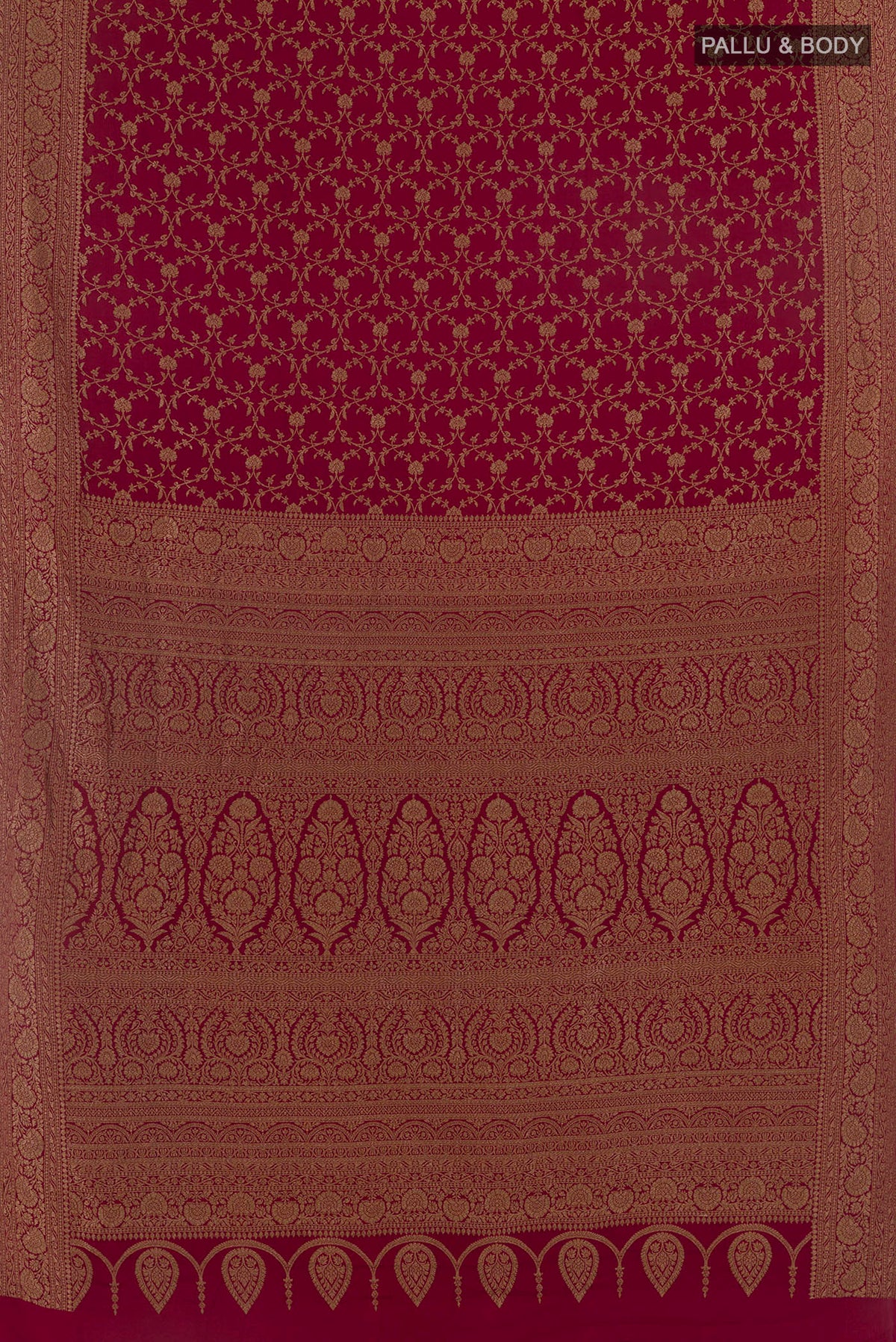 Flat view of Red Banarasi Georgette Saree with Zari Brocade on the body and Zari Border. 
