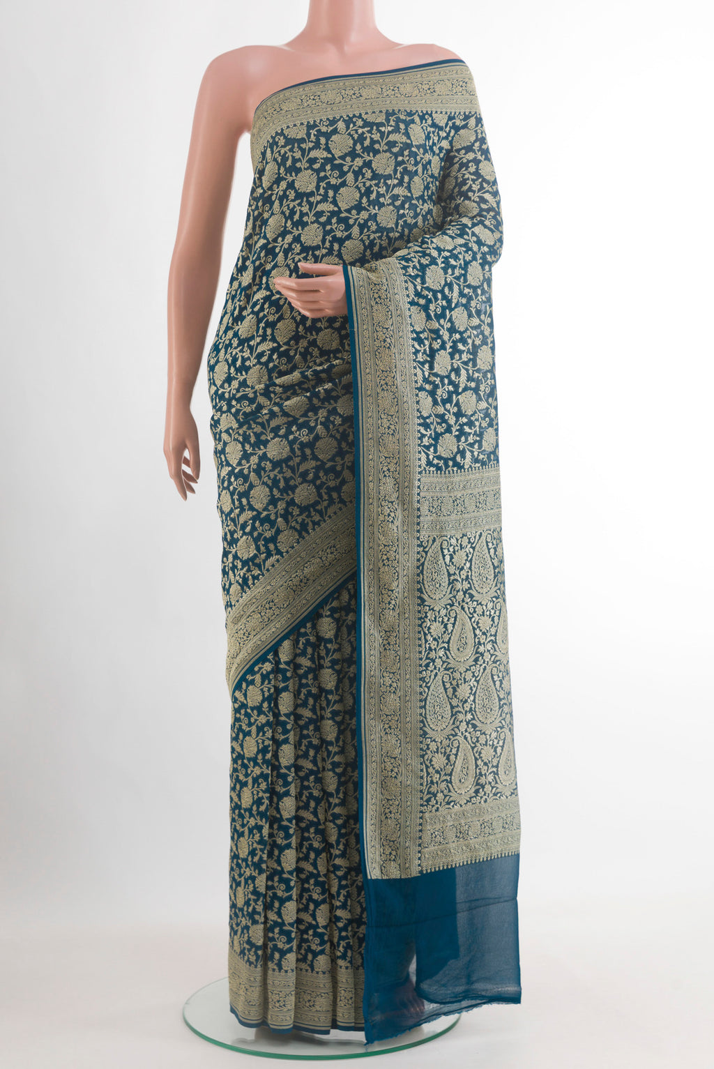 Blue Banarasi Georgette Saree with Zari Brocade on the body and Zari Border.  displayed on a mannequin