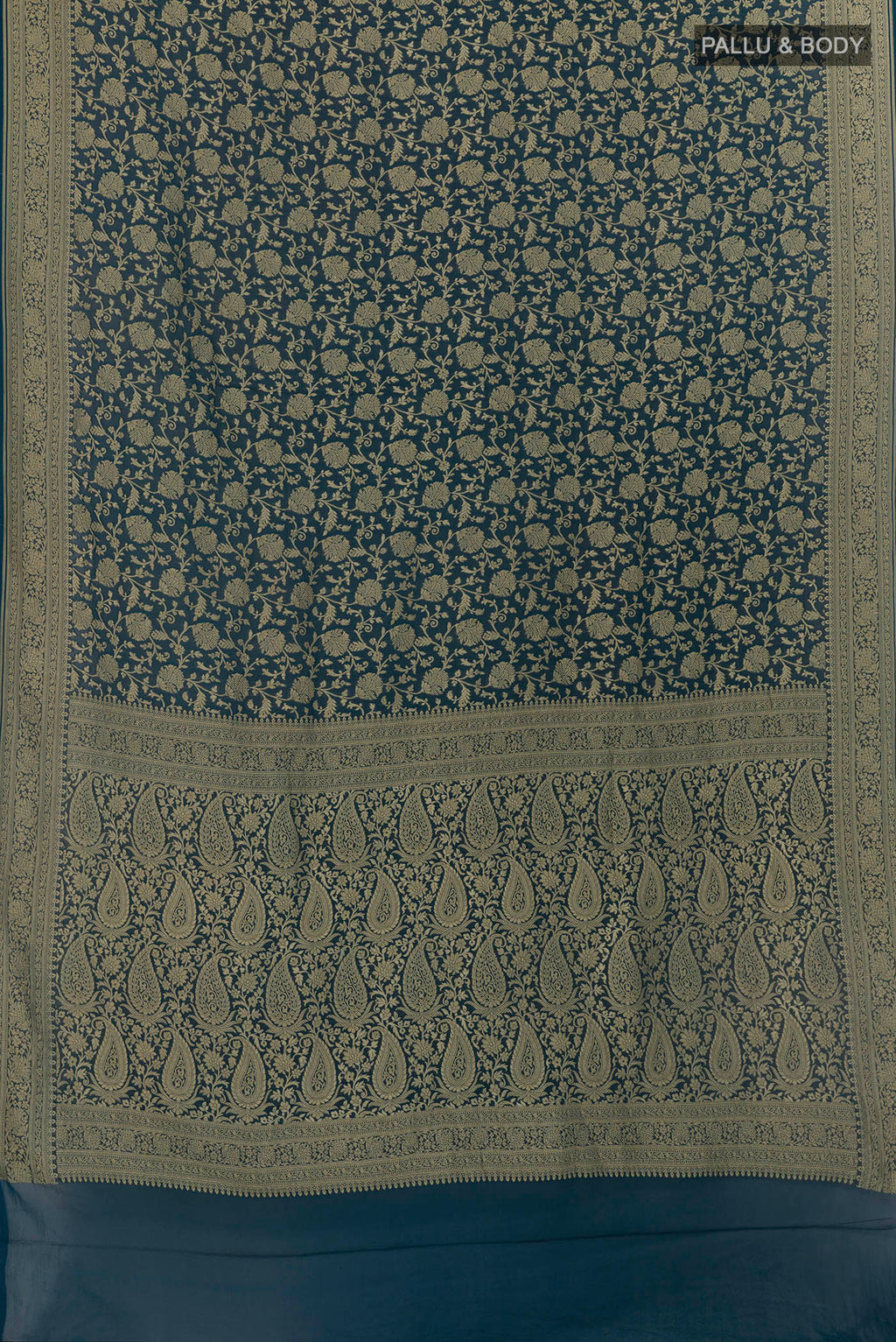 Flat view of Blue Banarasi Georgette Saree with Zari Brocade on the body and Zari Border. 