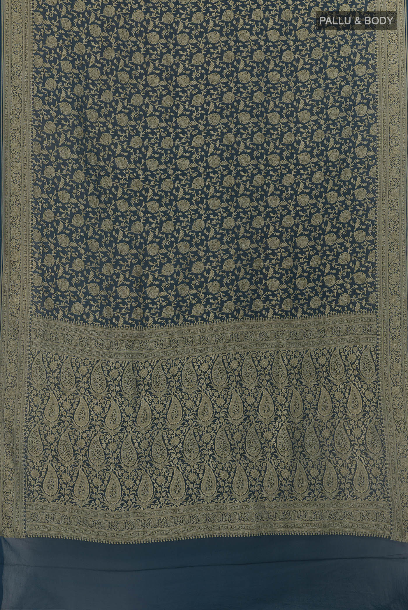 Flat view of Blue Banarasi Georgette Saree with Zari Brocade on the body and Zari Border. 