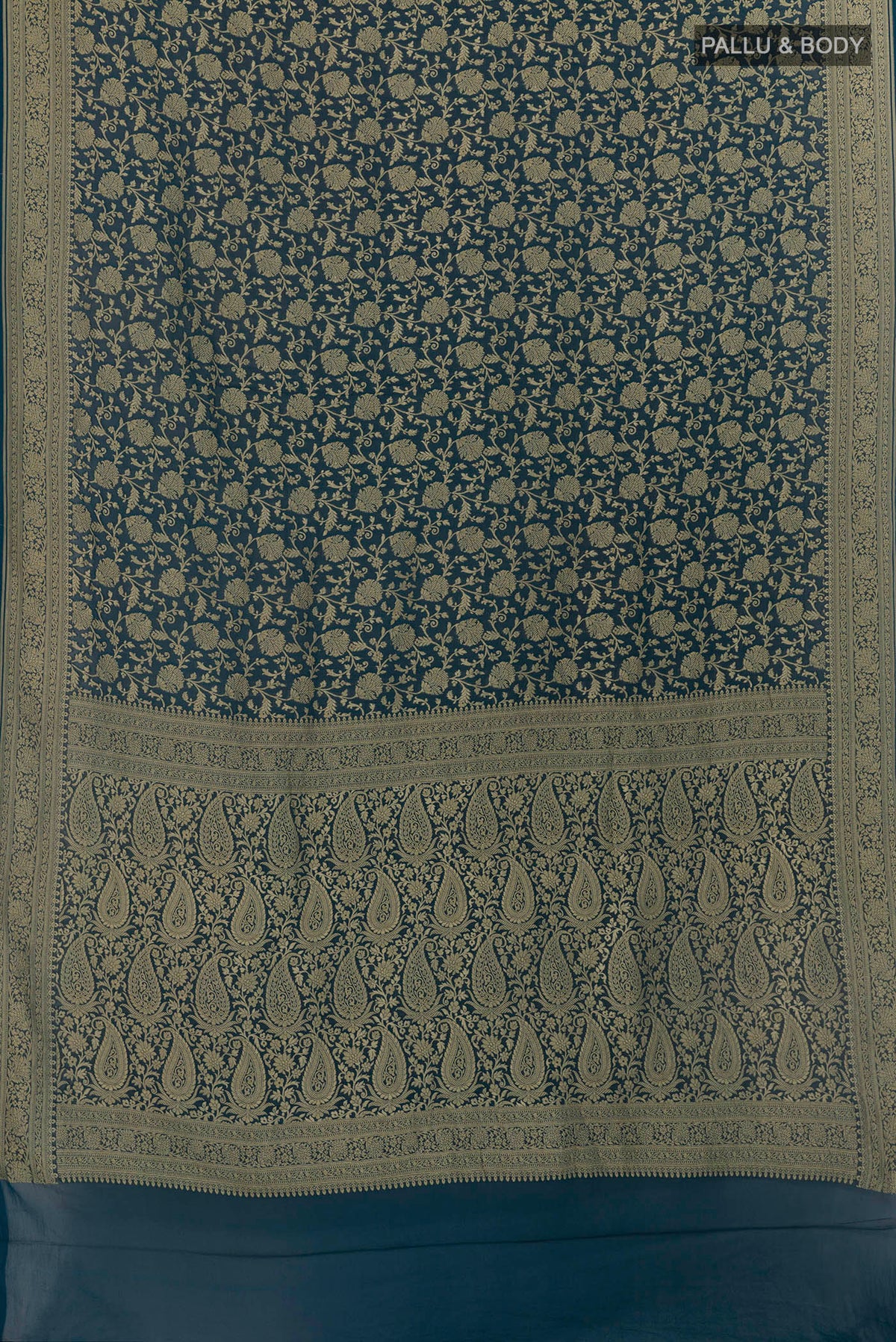 Flat view of Blue Banarasi Georgette Saree with Zari Brocade on the body and Zari Border. 