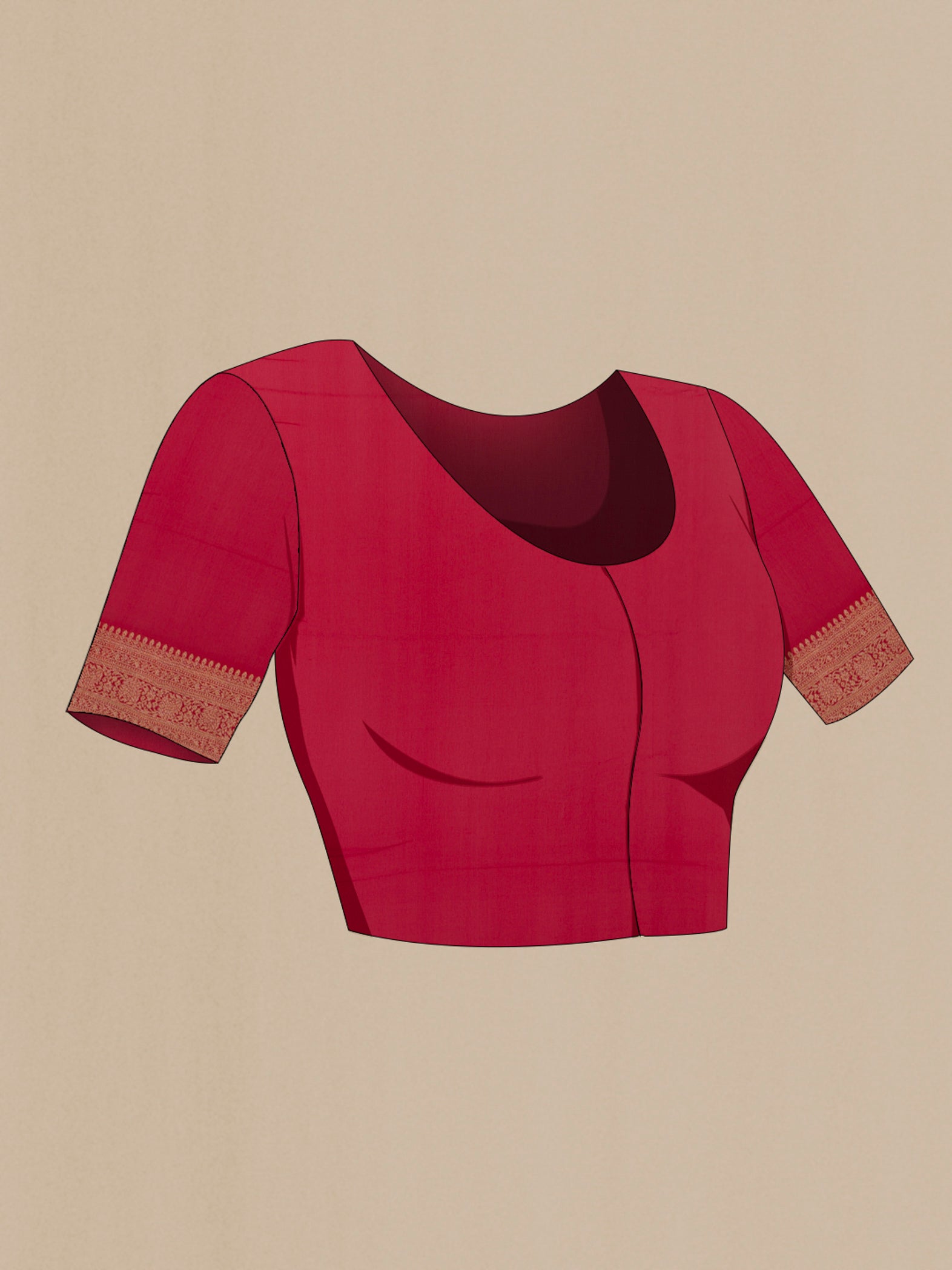 Close up image of the blouse of Red Banarasi Georgette Saree with Zari Brocade on the body and Zari Border. 