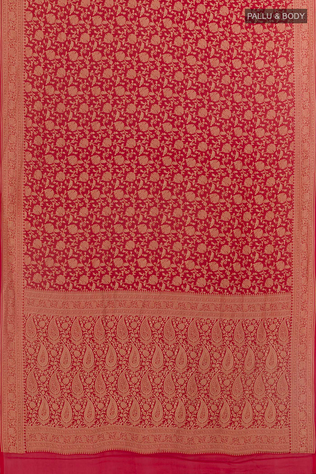 Flat view of Red Banarasi Georgette Saree with Zari Brocade on the body and Zari Border. 