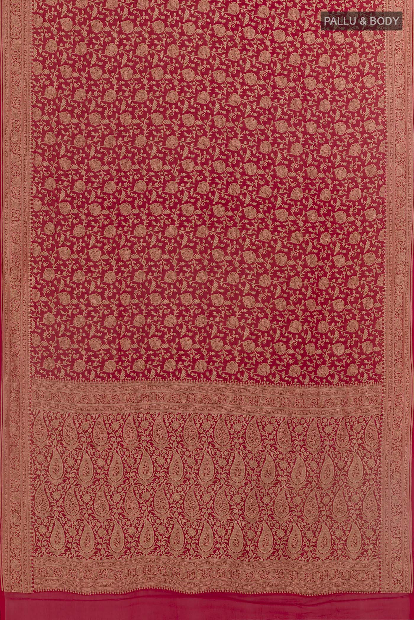 Flat view of Red Banarasi Georgette Saree with Zari Brocade on the body and Zari Border. 